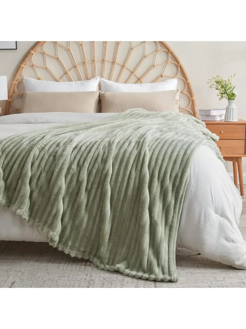 Cozy Sage Green Ribbed Throw Blanket | Soft Silky Flannel Fleece | All Season